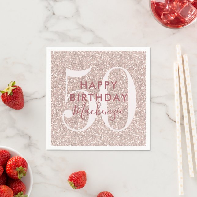 Rose Gold Blush Pink Glitter Custom Name Birthday Napkin (Insitu)