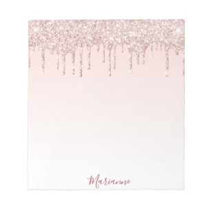 Rose gold blush pink glitter drips name notepad