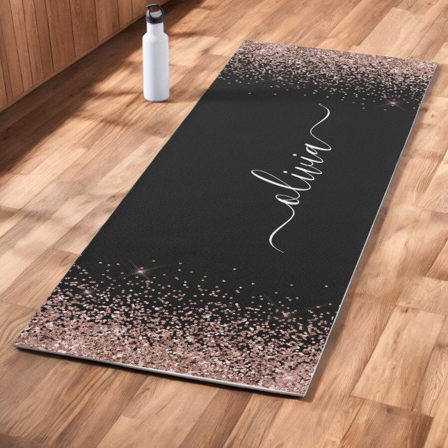 Rose Gold Blush Pink Glitter Girly Monogram Black Yoga Mat (Creator Uploaded)