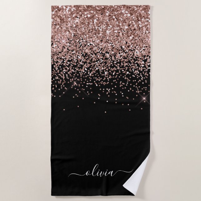 Rose Gold Blush Pink Glitter Girly Monogram Name Beach Towel (Front)