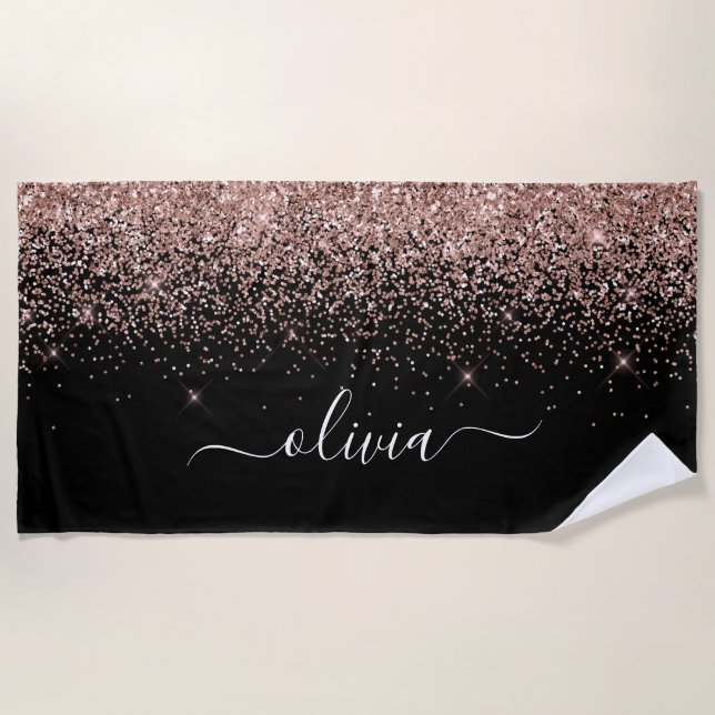 Rose Gold Blush Pink Glitter Girly Monogram Name Beach Towel (Front)