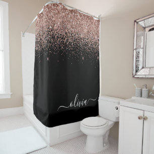 Rose Gold Blush Pink Glitter Girly Monogram Name Shower Curtain