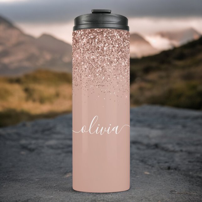 Rose Gold Blush Pink Glitter Girly Monogram Name Thermal Tumbler (Creator Uploaded)