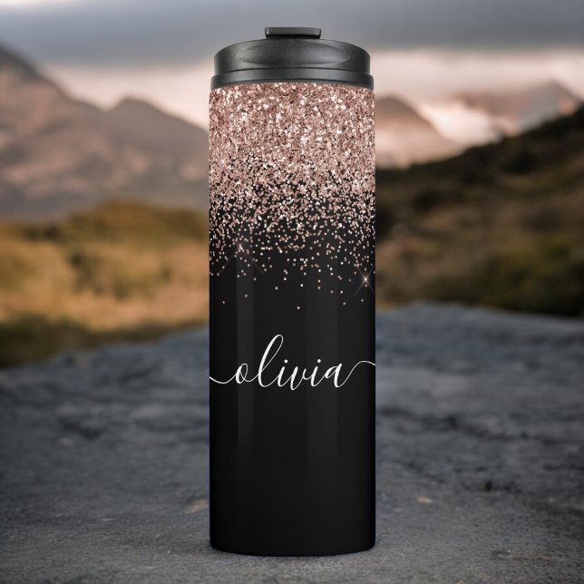 Rose Gold Blush Pink Glitter Girly Monogram Name Thermal Tumbler (Creator Uploaded)