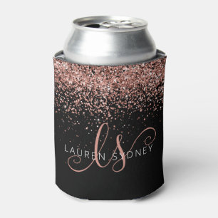 Rose Gold Blush Pink Glitter Glam Monogram Name Can Cooler