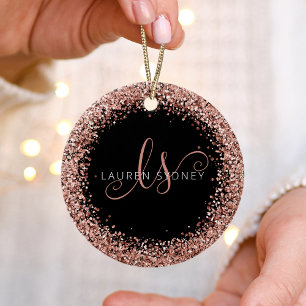 Rose Gold Blush Pink Glitter Glam Monogram Name Ceramic Tree Decoration