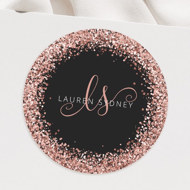 Rose Gold Blush Pink Glitter Glam Monogram Name Classic Round Sticker (Creator Uploaded)