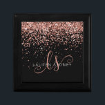 Rose Gold Blush Pink Glitter Glam Monogram Name Gift Box<br><div class="desc">Glam Rose Gold Glitter Elegant Monogram Gift Box. Easily personalise this trendy chic gift box design featuring elegant rose gold sparkling glitter on a black background. The design features your handwritten script monogram with pretty swirls and your name.</div>