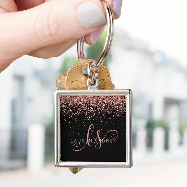 Rose Gold Blush Pink Glitter Glam Monogram Name Key Ring (Creator Uploaded)