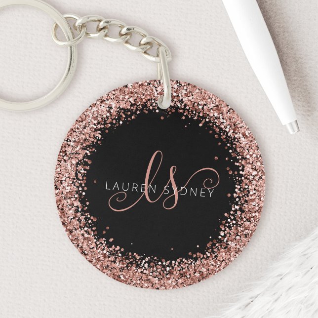 Rose Gold Blush Pink Glitter Glam Monogram Name Key Ring (Creator Uploaded)