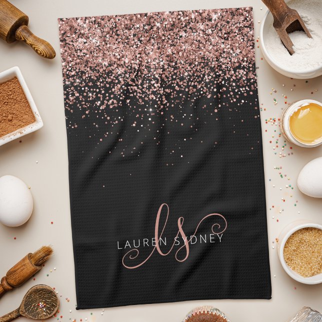 Rose Gold Blush Pink Glitter Glam Monogram Name Ki Tea Towel (Creator Uploaded)