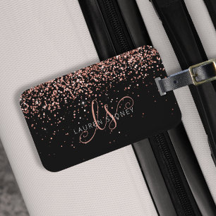 Rose Gold Blush Pink Glitter Glam Monogram Name Luggage Tag