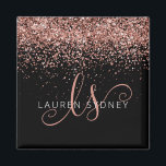 Rose Gold Blush Pink Glitter Glam Monogram Name Magnet<br><div class="desc">Glam Rose Gold Glitter Elegant Monogram Magnet. Easily personalise this trendy chic magnet design featuring elegant rose gold sparkling glitter on a black background. The design features your handwritten script monogram with pretty swirls and your name.</div>