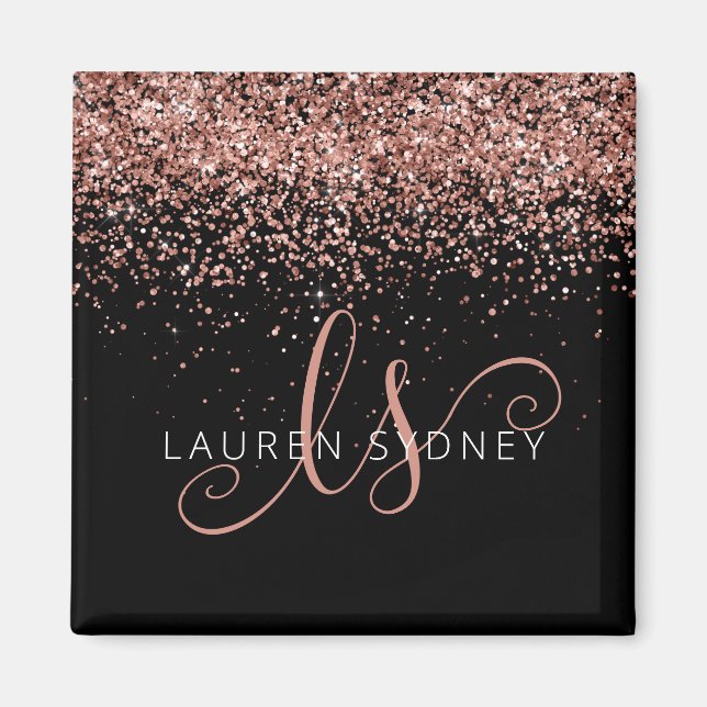 Rose Gold Blush Pink Glitter Glam Monogram Name Magnet (Front)
