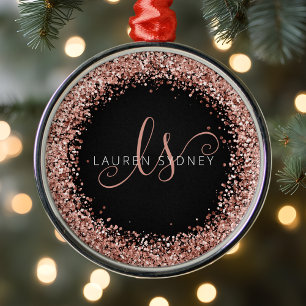 Rose Gold Blush Pink Glitter Glam Monogram Name Metal Tree Decoration