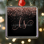 Rose Gold Blush Pink Glitter Glam Monogram Name Metal Tree Decoration<br><div class="desc">Glam Rose Gold Glitter Elegant Monogram Ornaments. Easily personalise this trendy chic ornaments design featuring elegant rose gold sparkling glitter on a black background. The design features your handwritten script monogram with pretty swirls and your name.</div>