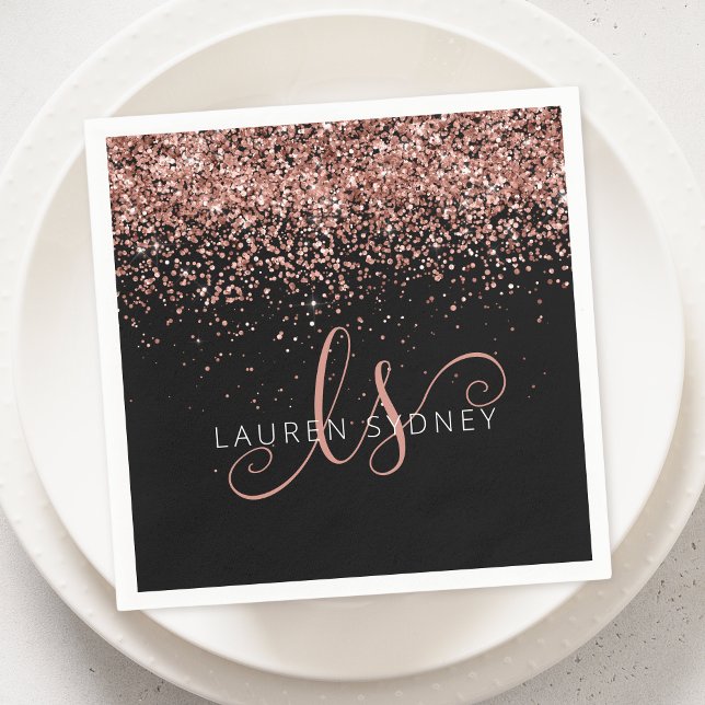 Rose Gold Blush Pink Glitter Glam Monogram Name Napkin (Creator Uploaded)