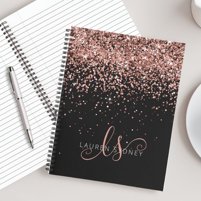 Rose Gold Blush Pink Glitter Glam Monogram Name Notebook (Creator Uploaded)
