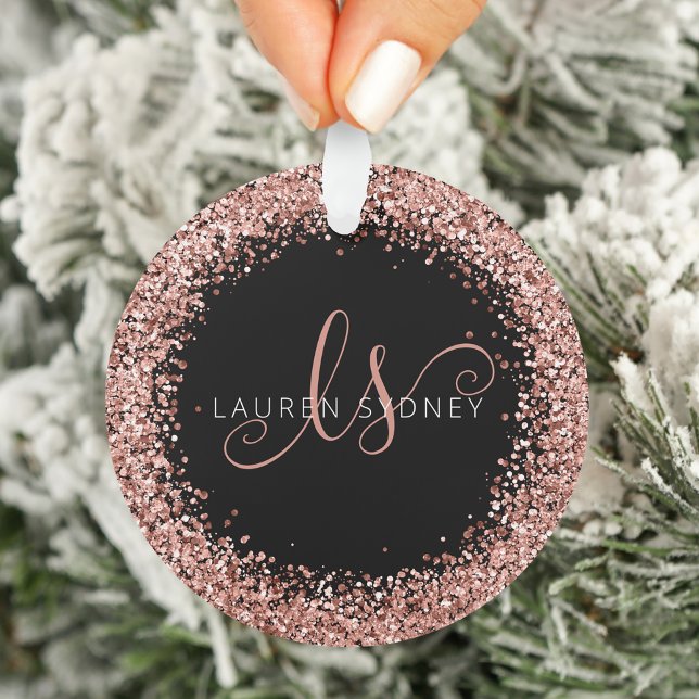 Rose Gold Blush Pink Glitter Glam Monogram Name Ornament (Creator Uploaded)