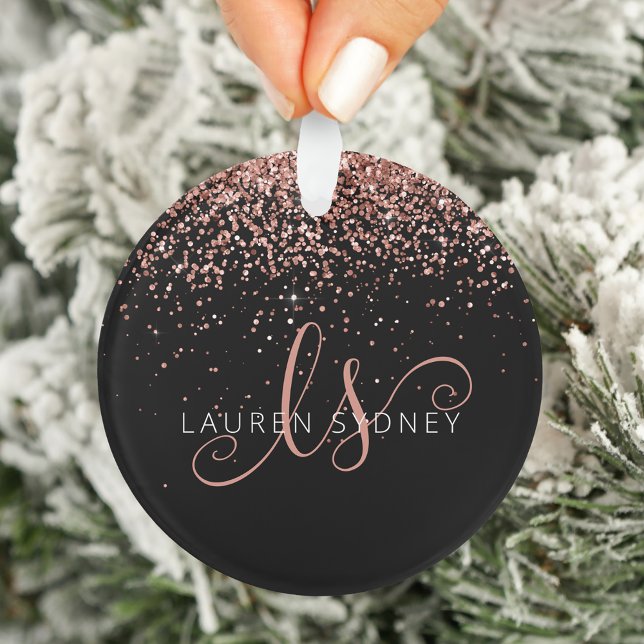 Rose Gold Blush Pink Glitter Glam Monogram Name Ornament (Creator Uploaded)