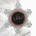 Rose Gold Blush Pink Glitter Glam Monogram Name Snowflake Pewter Christmas Ornament<br><div class="desc">Glam Rose Gold Glitter Elegant Monogram Christmas Ornament. Easily personalise this trendy chic christmas ornament design featuring elegant rose gold sparkling glitter on a black background. The design features your handwritten script monogram with pretty swirls and your name.</div>