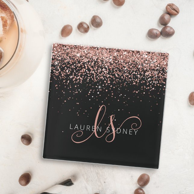 Rose Gold Blush Pink Glitter Glam Monogram Name Square Paper Coaster (Creator Uploaded)