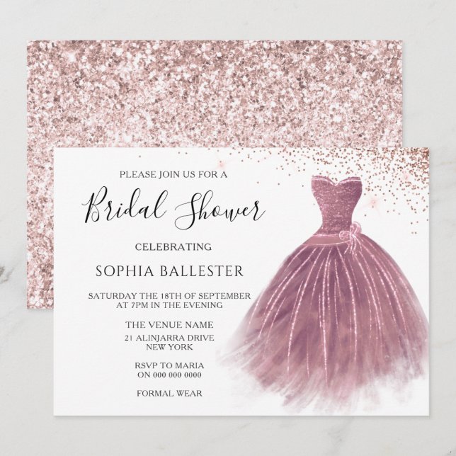 Rose Gold Blush Pink Glitter Gown Bridal Shower Invitation (Front/Back)