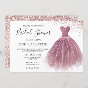 Rose Gold Blush Pink Glitter Gown Bridal Shower Invitation