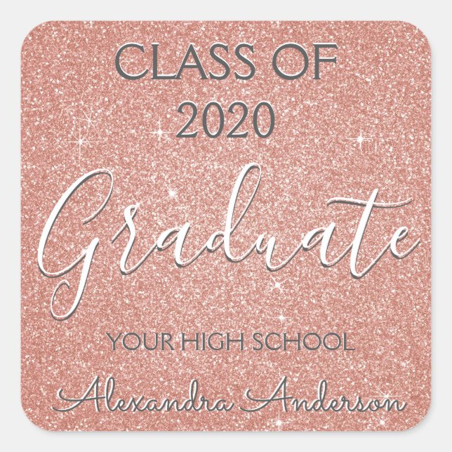 Rose Gold - Blush Pink Glitter Graduation Square Sticker (Front)