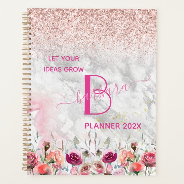 Rose Gold - Blush Pink Glitter Marble Monogram  Planner (Front)