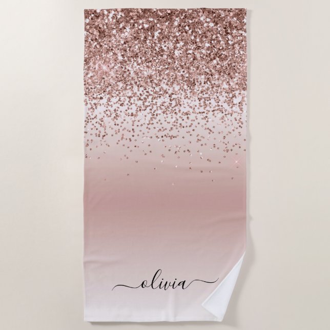 Rose Gold - Blush Pink Glitter Metal Monogram Name Beach Towel (Front)