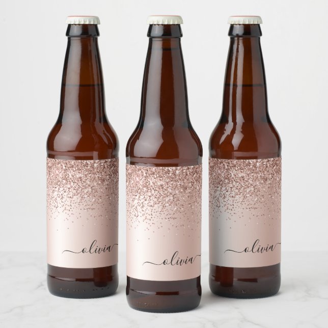 Rose Gold - Blush Pink Glitter Metal Monogram Name Beer Bottle Label (Bottles)