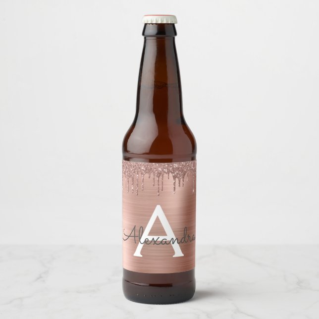 Rose Gold - Blush Pink Glitter Metal Monogram Name Beer Bottle Label (Front)