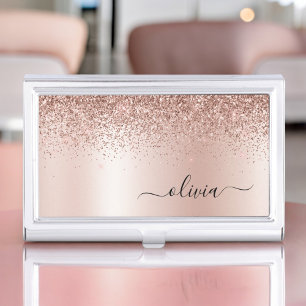 Rose Gold - Blush Pink Glitter Metal Monogram Name Business Card Holder