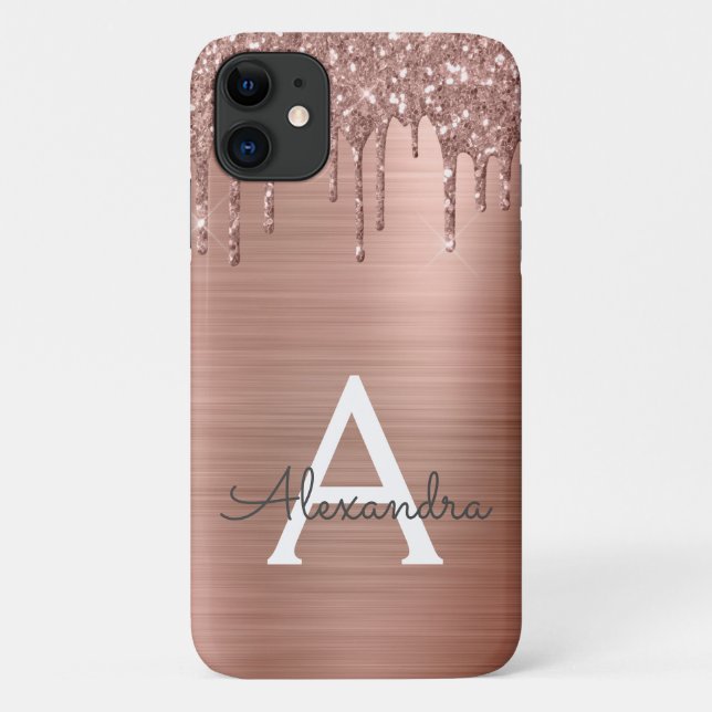 Rose Gold - Blush Pink Glitter Metal Monogram Name Case-Mate iPhone Case (Back)