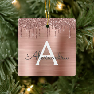 Rose Gold - Blush Pink Glitter Metal Monogram Name Ceramic Ornament