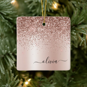 Rose Gold - Blush Pink Glitter Metal Monogram Name Ceramic Ornament