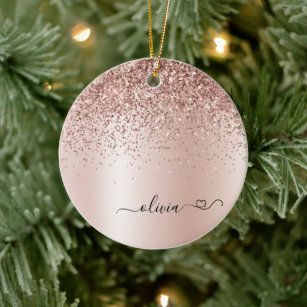 Rose Gold - Blush Pink Glitter Metal Monogram Name Ceramic Tree Decoration