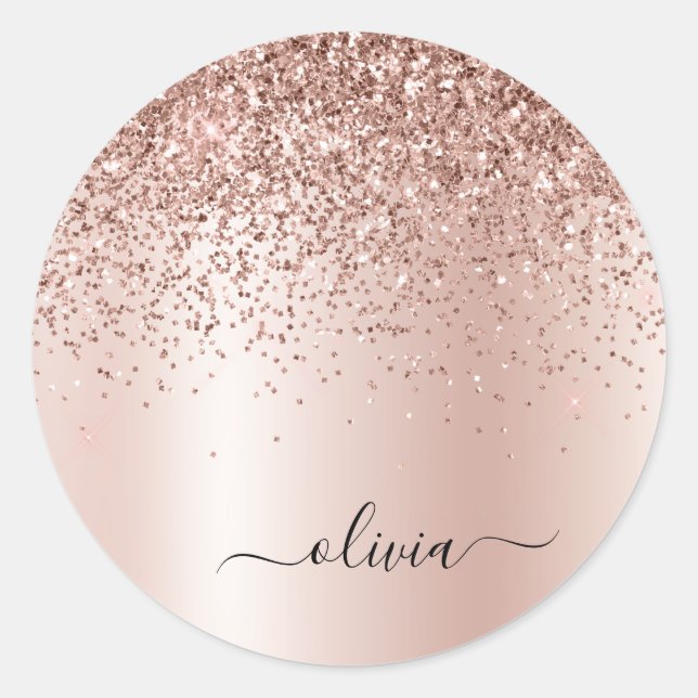 Rose Gold - Blush Pink Glitter Metal Monogram Name Classic Round Sticker (Front)