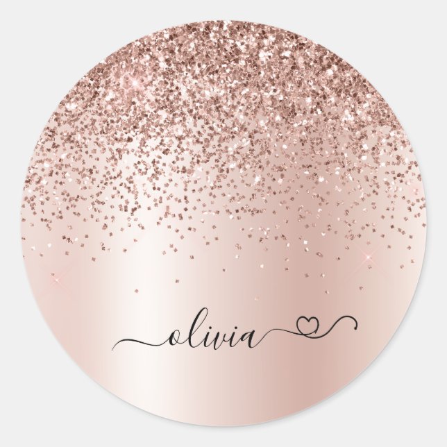 Rose Gold - Blush Pink Glitter Metal Monogram Name Classic Round Sticker (Front)