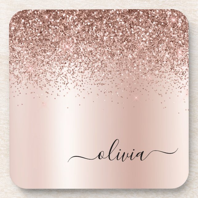 Rose Gold - Blush Pink Glitter Metal Monogram Name Coaster (Front)