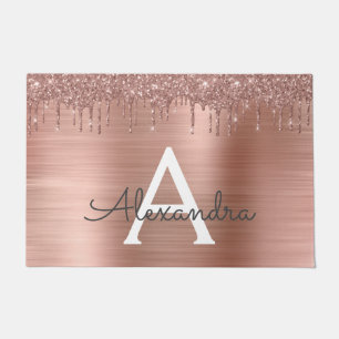 Rose Gold - Blush Pink Glitter Metal Monogram Name Doormat