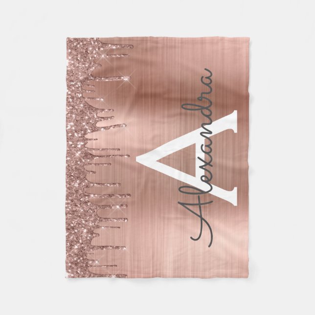 Rose Gold - Blush Pink Glitter Metal Monogram Name Fleece Blanket (Front)