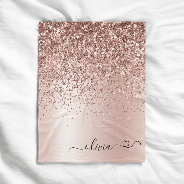 Rose Gold - Blush Pink Glitter Metal Monogram Name Fleece Blanket (Creator Uploaded)