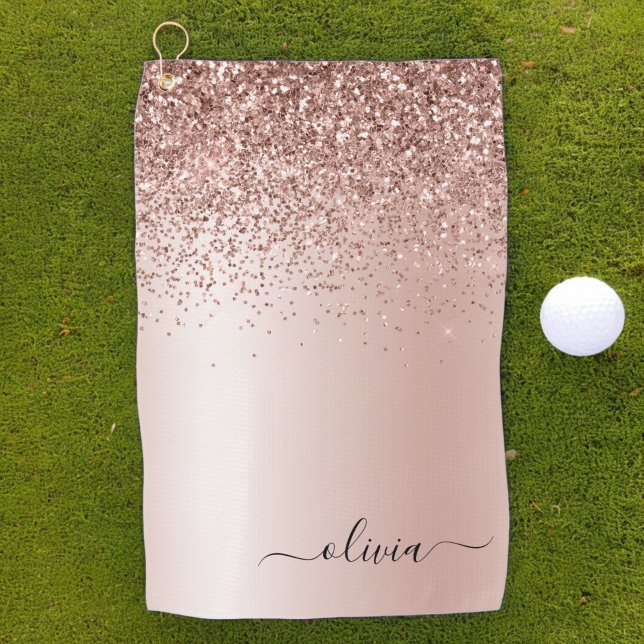 Rose Gold - Blush Pink Glitter Metal Monogram Name Golf Towel (Creator Uploaded)