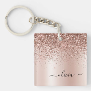 Rose Gold - Blush Pink Glitter Metal Monogram Name Key Ring