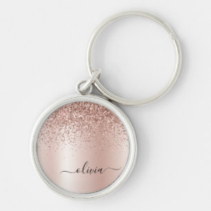 Rose Gold - Blush Pink Glitter Metal Monogram Name Key Ring
