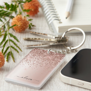Rose Gold - Blush Pink Glitter Metal Monogram Name Key Ring
