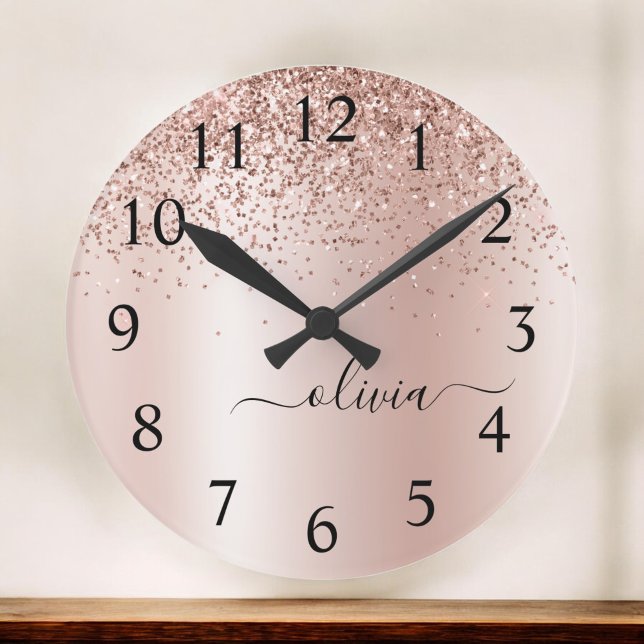 Rose Gold - Blush Pink Glitter Metal Monogram Name Large Clock (Creator Uploaded)