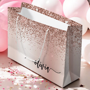Rose Gold - Blush Pink Glitter Metal Monogram Name Large Gift Bag